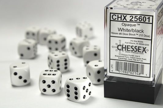 Chessex set de 12 dés 6 - CHX 25601 Opaque Blanc/Noir