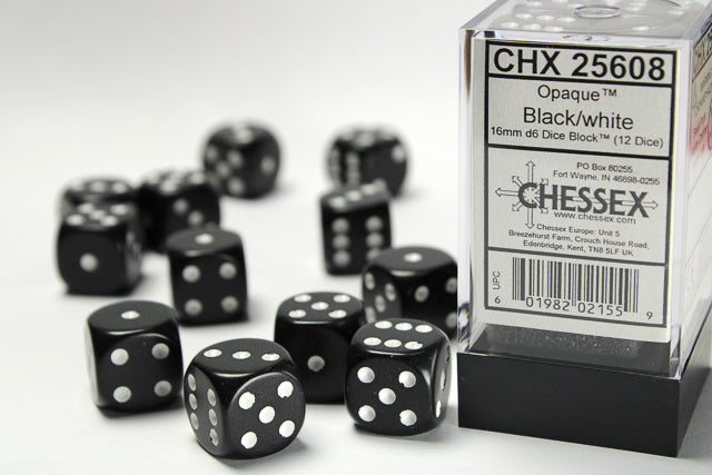 Chessex set de 12 dés 6 - CHX 25608 Opaque Black/White