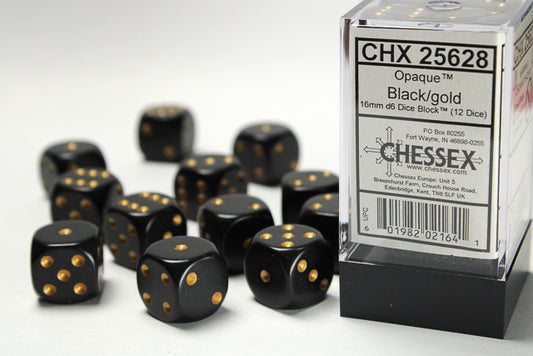 Chessex set de 12 dés 6 - CHX 25628 Opaque Black/gold
