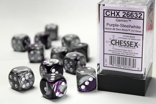 Chessex set de 12 dés 6 - CHX 26632 Gemini Purple Steel/White