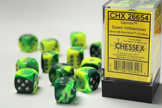 Chessex set de 12 dés 6 - CHX 26654 Gemini Green Yellow/silver