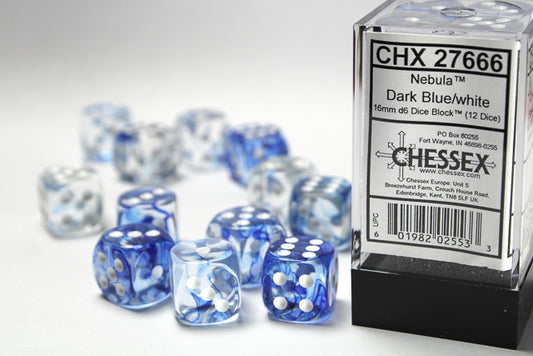 Chessex set de 12 dés 6 - CHX 27666 Nebula Dark Blue/White
