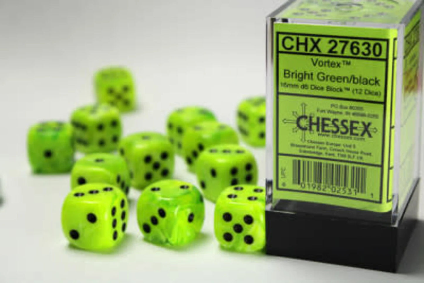 Chessex set de 12 dés 6 - CHX 27630 VORTEX - Vert Clair/Noir