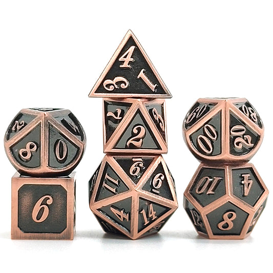 Dés Métal - lot de 7 dés (14mm) avec boite en métal - Glazed Copper
