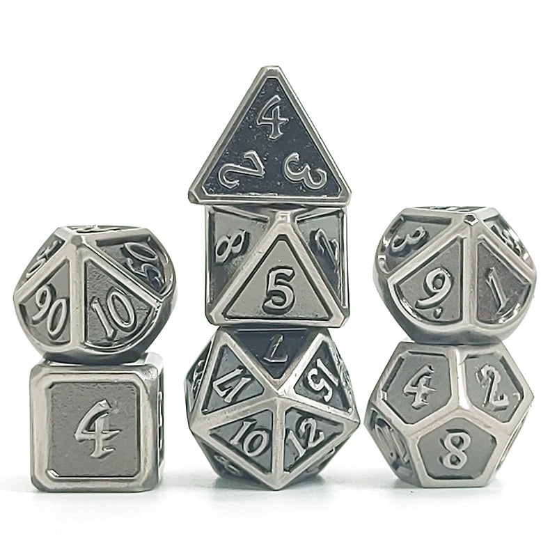 Dés Métal - lot de 7 dés (14mm) avec boite en métal - Glazed Silver