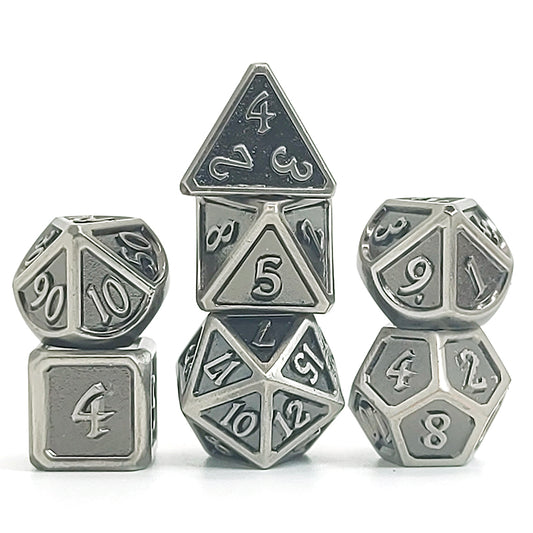 Dés Métal - lot de 7 dés (14mm) avec boite en métal - Glazed Silver