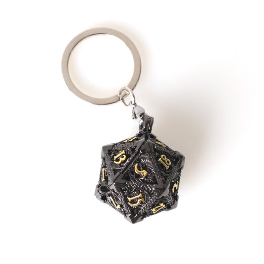 Porte clé D20 Noir doré - lot de 7 mini dés métal (5mm)