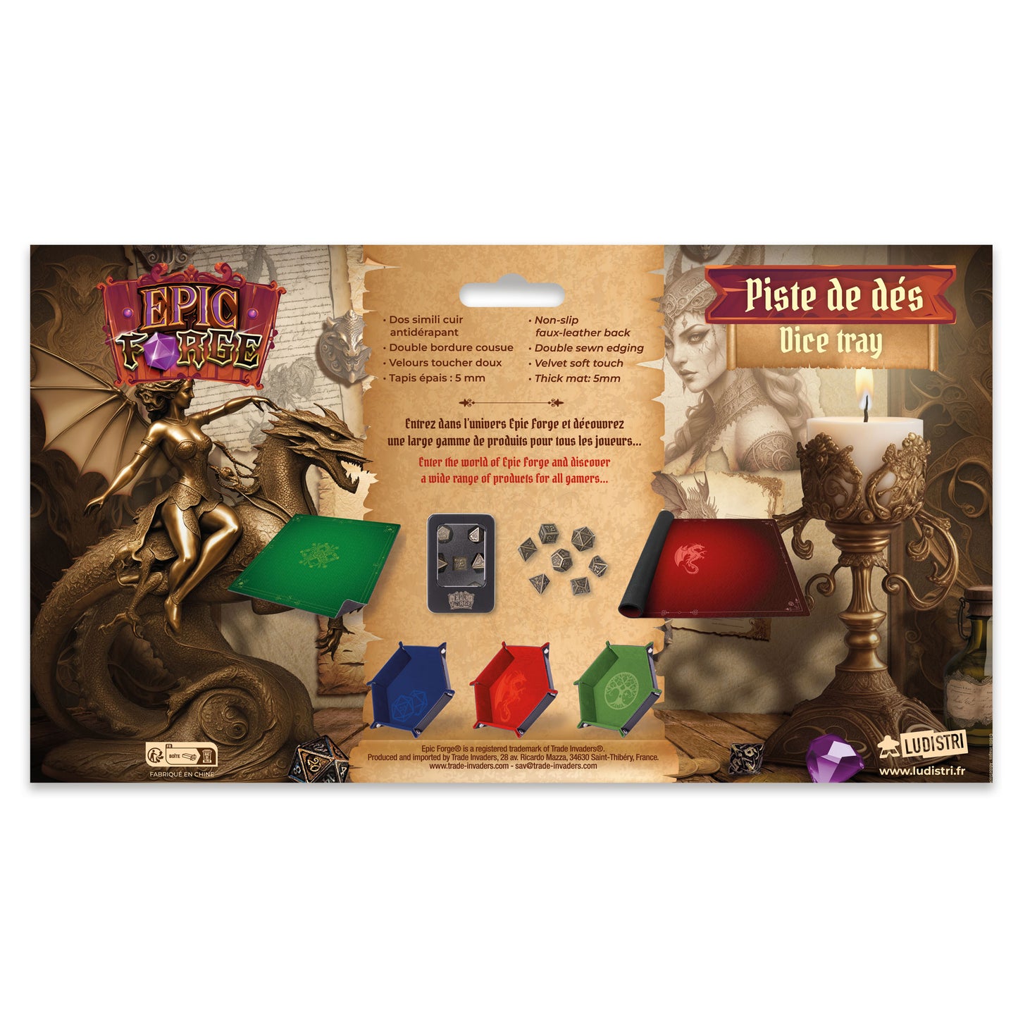 Couloir de Dés - Dé 20 Bleu - Cuir et Velours - 20 x 40 cm