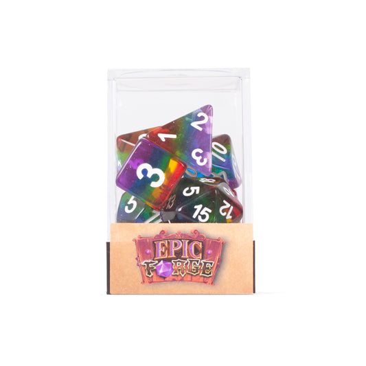 Lot de 7 dés multiformat en boîte – Arc-en-ciel transparent
