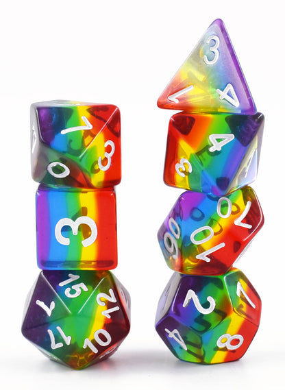 Lot de 7 dés multiformat en boîte – Arc-en-ciel transparent