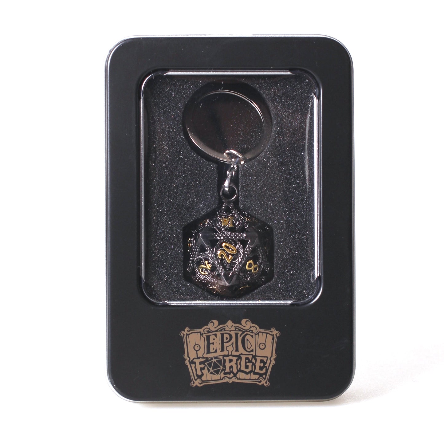 Porte clé D20 Noir doré - lot de 7 mini dés métal (5mm)