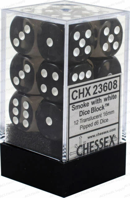 Chessex set de 12 dés 6 - CHX 23608 TRANSPARENT - Fumé/Blanc